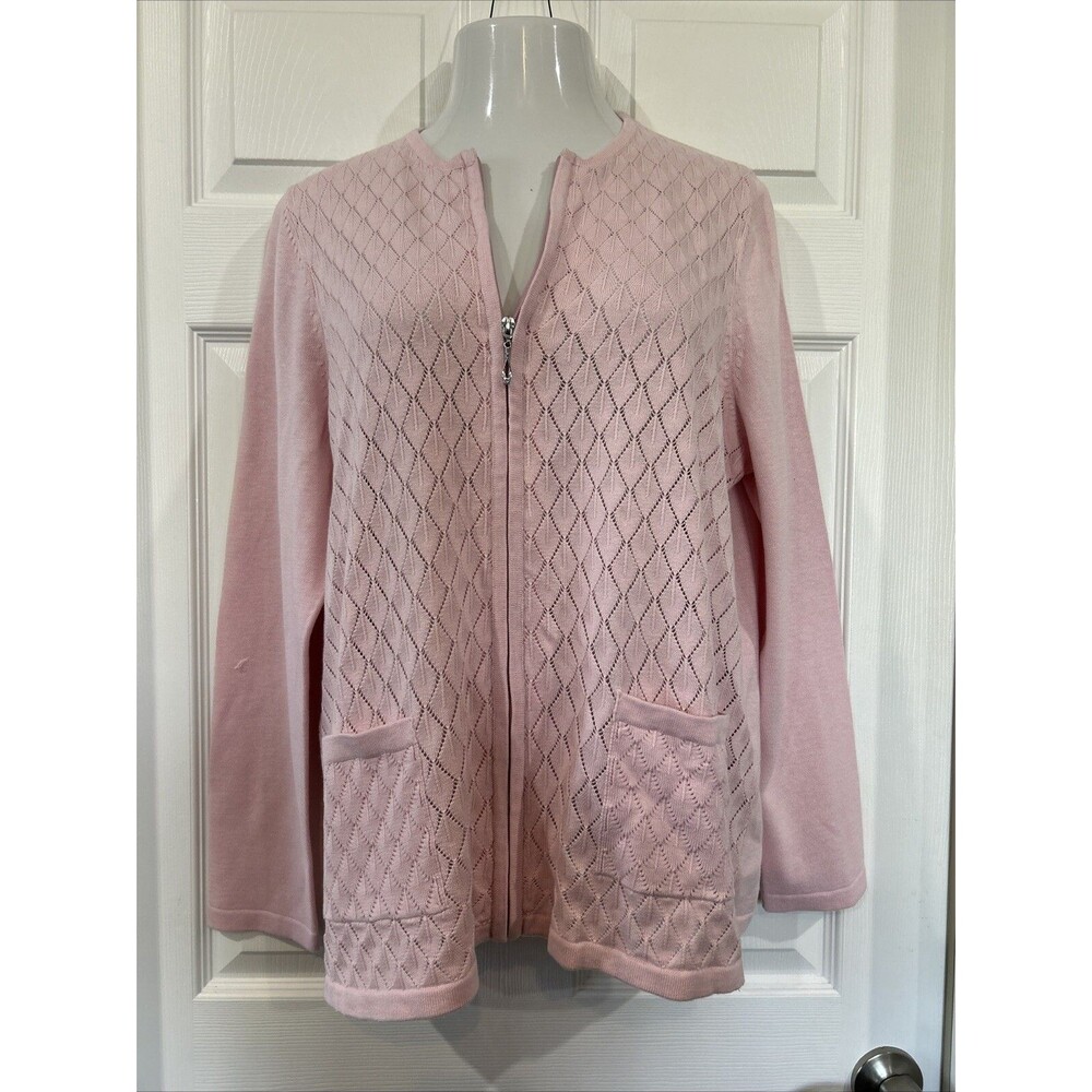 Alia Soft Pink Pointelle Knit Zip Up Cotton Blend Cardigan Sweater XL